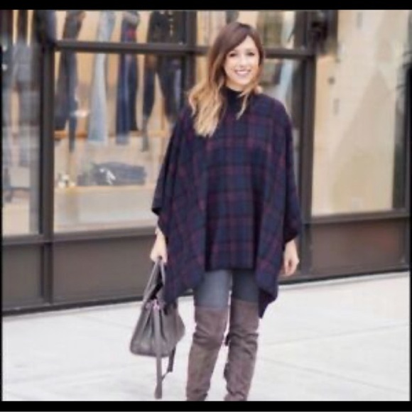 Theory Florencia Burgundy Plaid Wool Poncho Cape Turtleneck - Picture 3 of 13